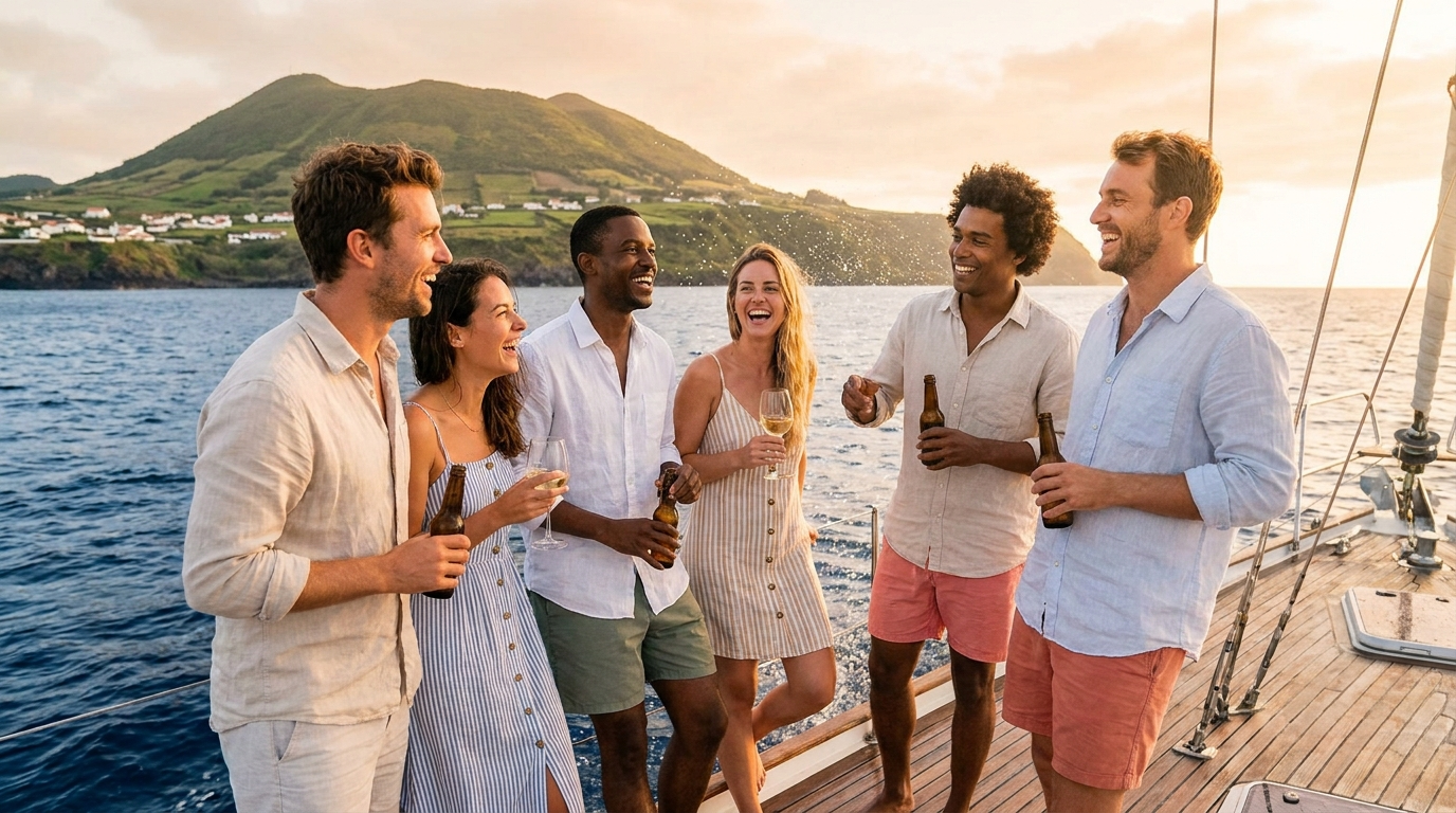 Grupo de amigos em barco, Açores